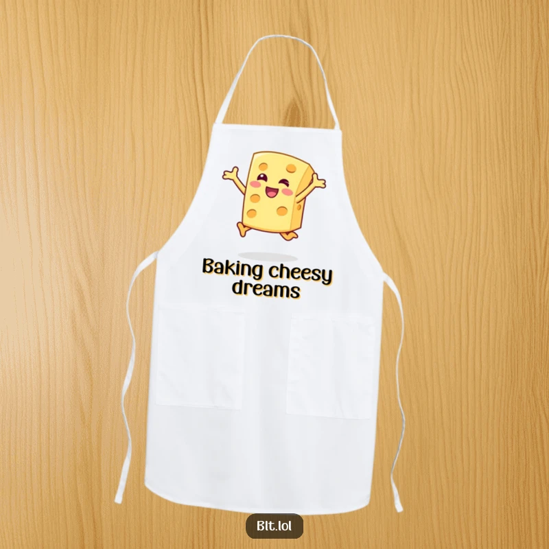 Funny Apron featuring a happy cheese slice character doing a joyful jump, a humorous kitchen accessory for cooks.