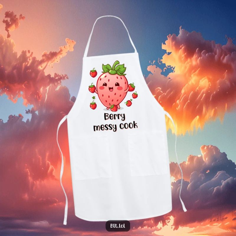 Funny giggling Kawaii strawberry character juggling berries on a kitchen apron, perfect for cheerful chefs.
