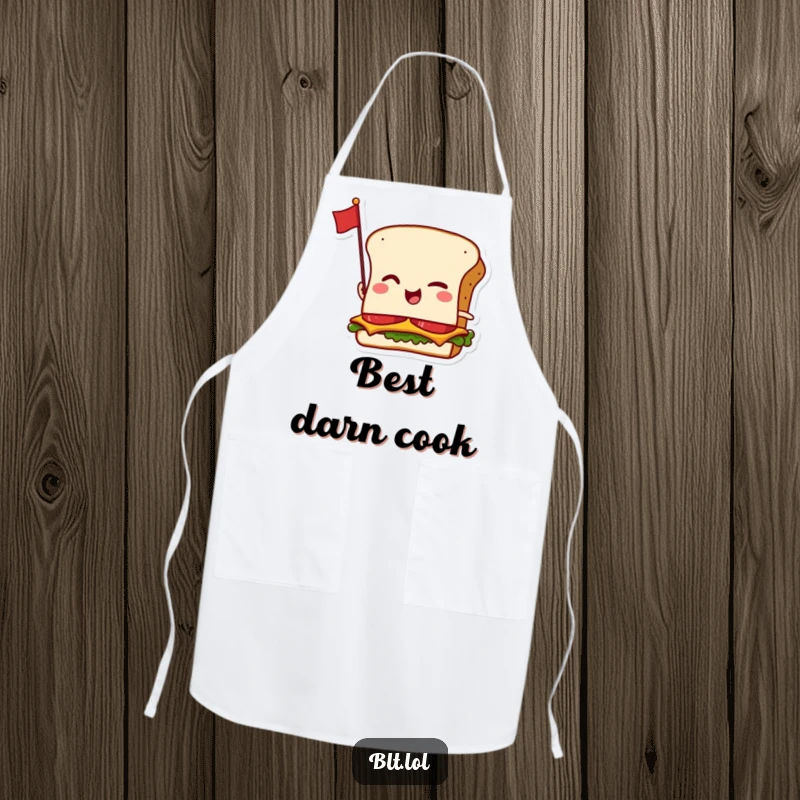 Funny apron showcasing a winking anthropomorphic BLT sandwich with a tiny flag, ideal for kitchen fun.