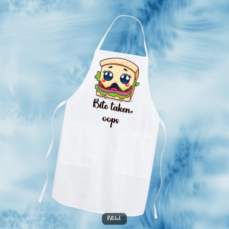 Funny Apron depicting a surprised BLT sandwich character with wide eyes reacting to a bite being taken, ideal for kitchen use.