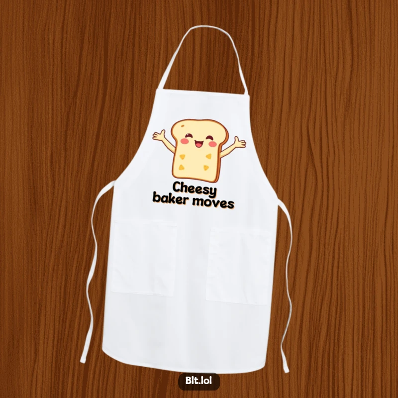 Funny Apron with a happy bread slice balancing a tiny cheese slice, adding a humorous and delicious touch to cooking.