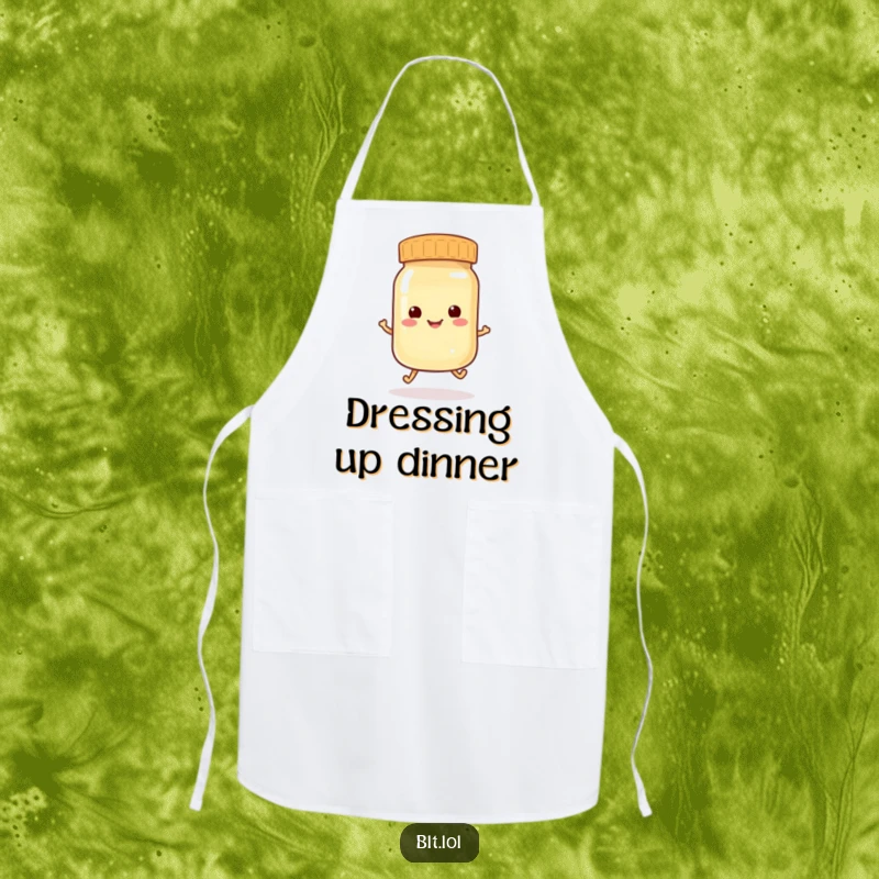 Funny anthropomorphic mayonnaise jar hopping playfully, a humorous and cheerful apron for food prep.