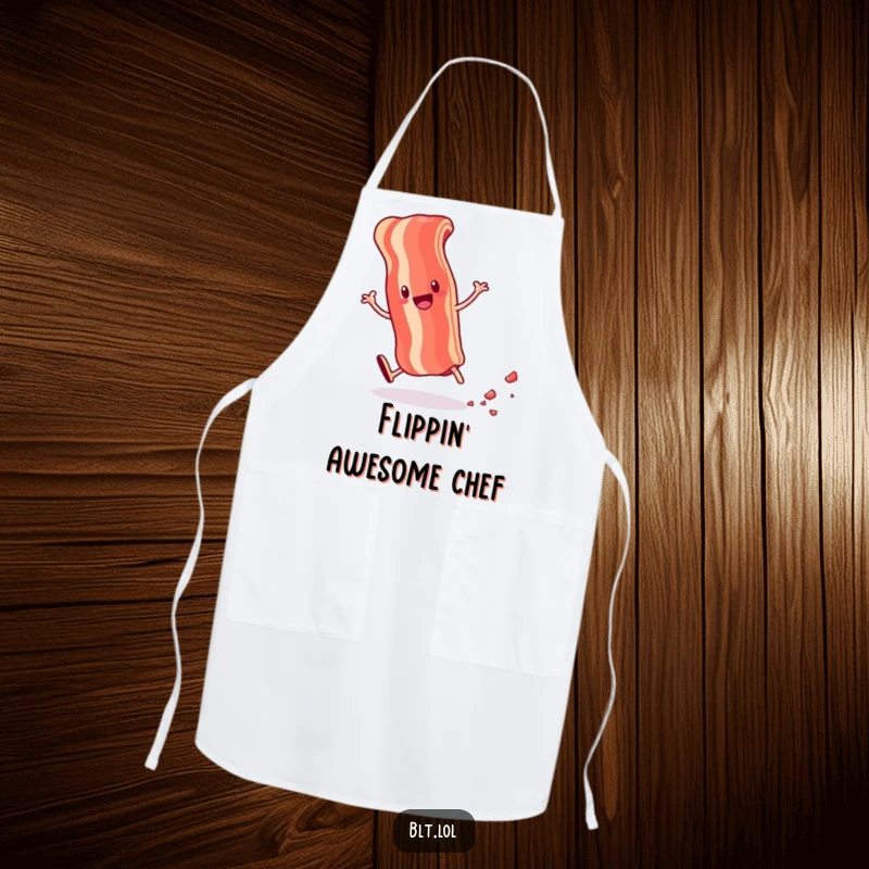 Funny apron showcasing an energetic anthropomorphic bacon strip doing a cartwheel and leaving crumbs, ideal for kitchen fun.