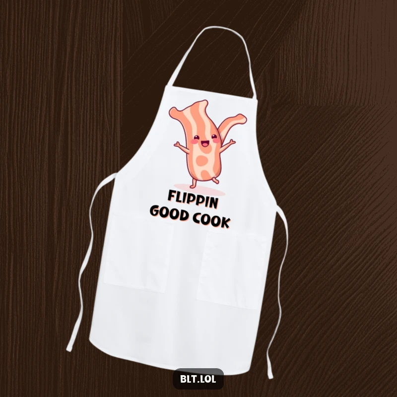 Funny bacon strip apron showing a cheerful strip performing a cartwheel, ideal for cooking protection with breakfast humor.