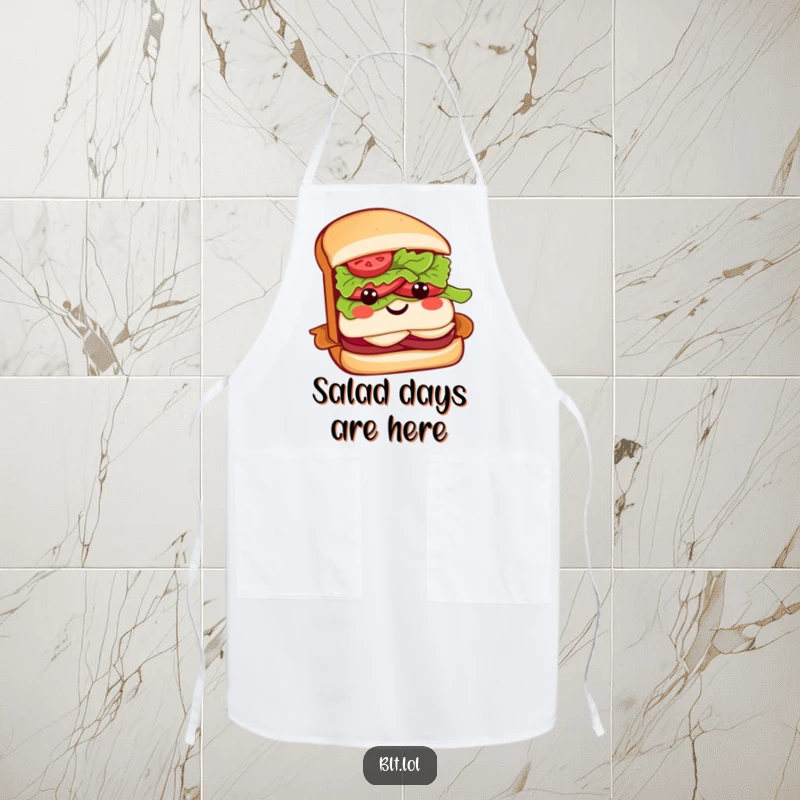 Funny BLT sandwich apron with a smiling sandwich character and a lettuce head in a bow, inspiring kitchen fun.