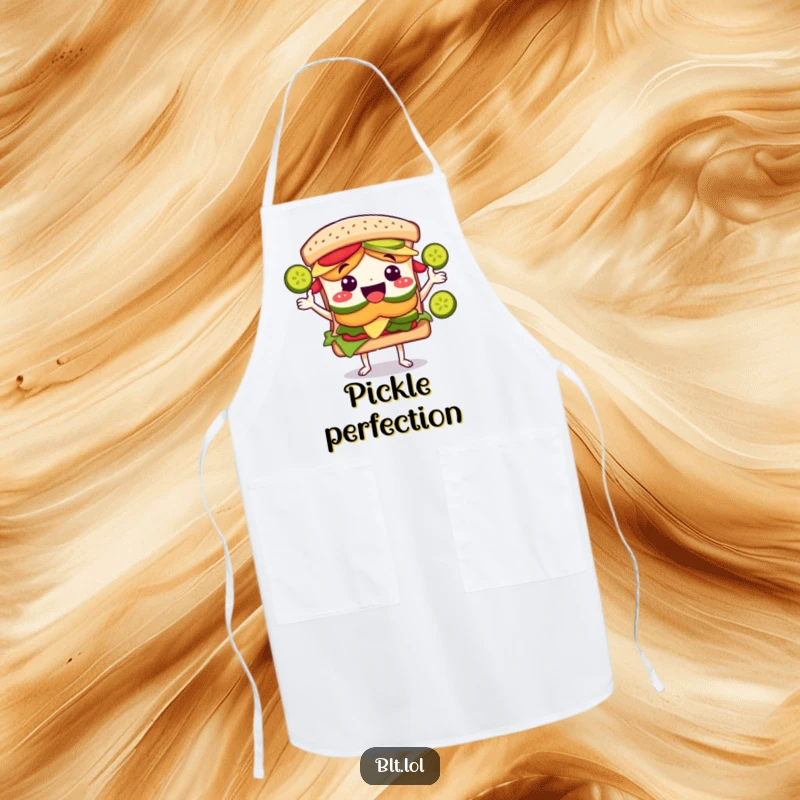 Funny BLT sandwich character, apron-clad, expertly juggling green pickle slices while cooking, ready for kitchen fun.