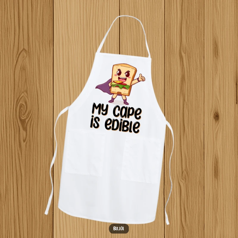 Funny apron showing a BLT sandwich heroically striking a pose, ready to defend against culinary mishaps.