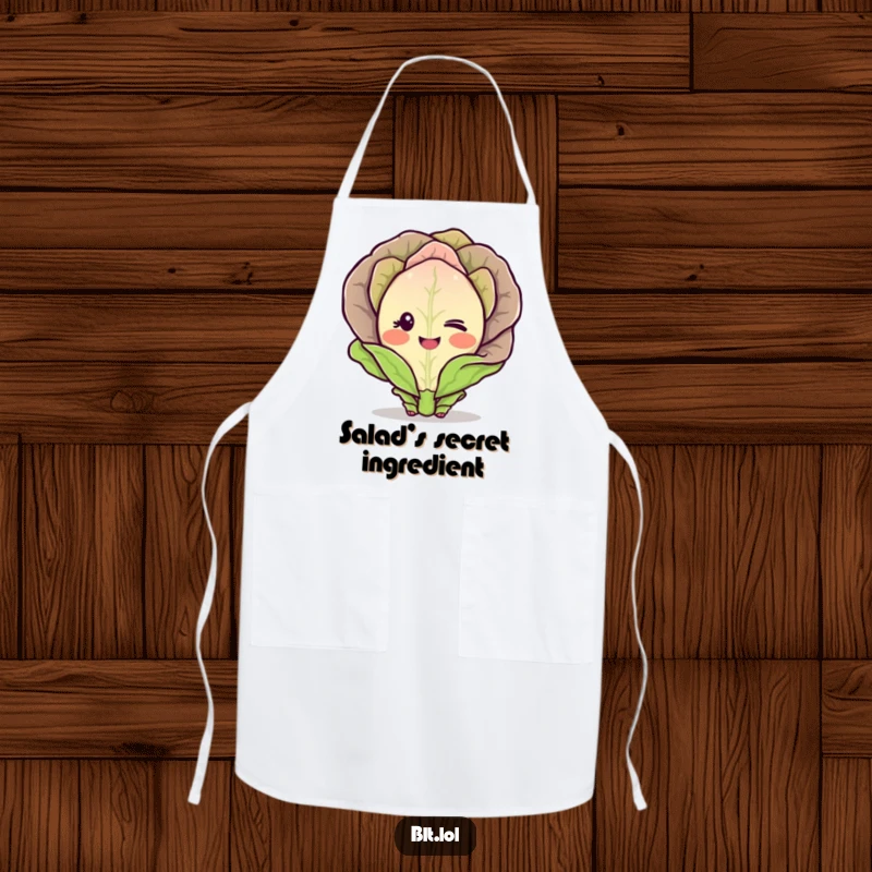 Funny Apron featuring a blushing lettuce character winking shyly, a humorous kitchen accessory for cooks.