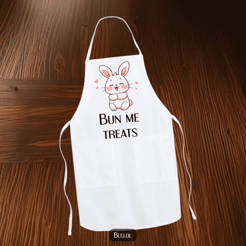 Funny bun character giving a hug, featured on a stylish apron for a more loving cooking experience.