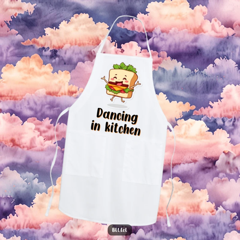 Funny Apron depicting a happy BLT sandwich character dancing with its lettuce wobbling, perfect for meal preparation with humor.