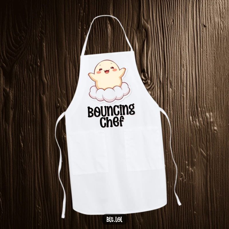 Funny cheerful Kawaii dumpling character bouncing on a cloud, printed on a kitchen apron, perfect for happy cooks.
