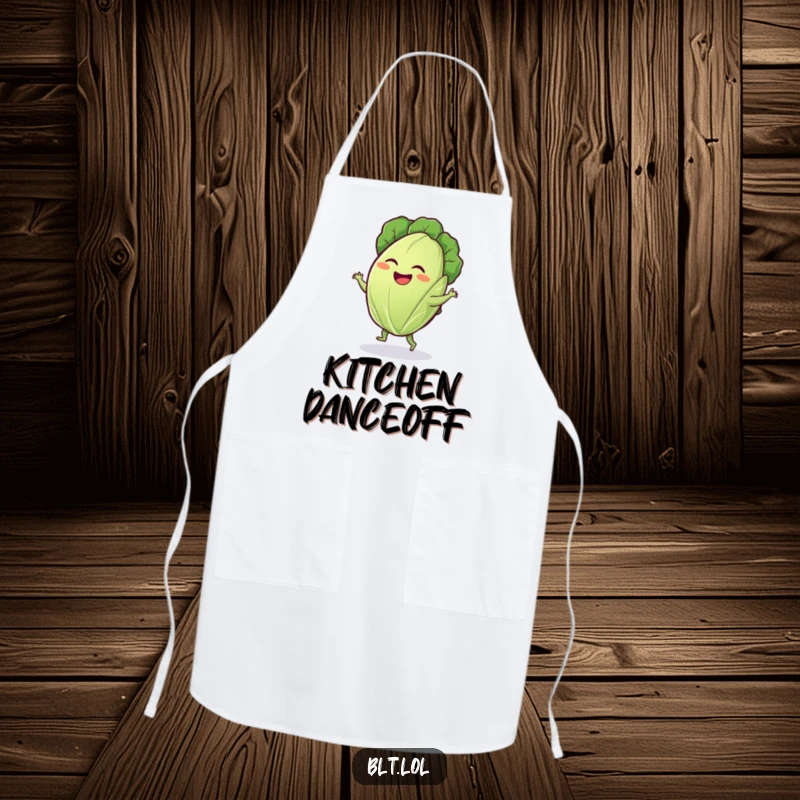 Funny lettuce leaf apron showing a giggling leaf performing a silly dance, ideal for cooking protection with veggie humor.