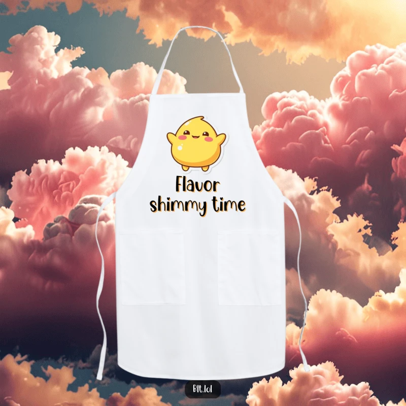 Funny Apron featuring a playful mustard blob character doing a silly wiggle, a humorous kitchen accessory for cooks.