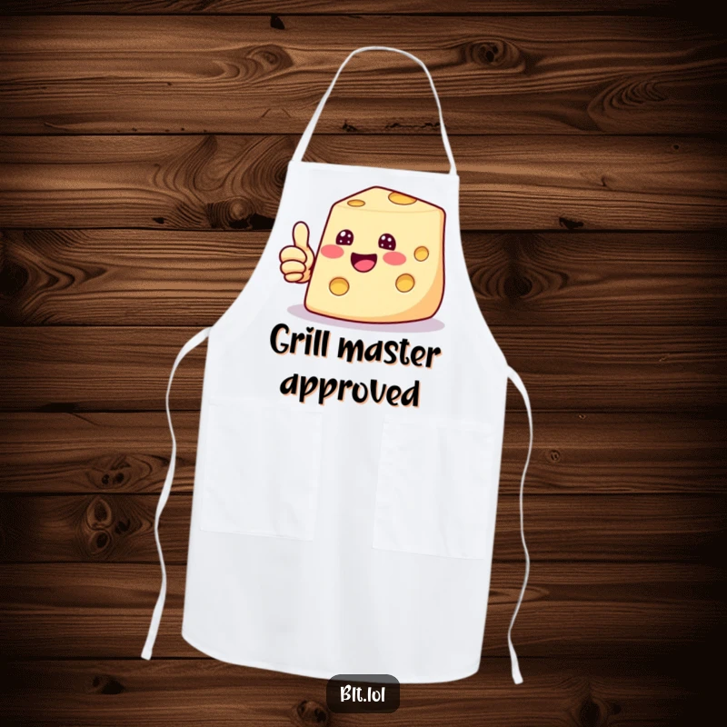 Funny apron with a beaming cheese slice giving a thumbs up, ideal for protecting clothes and spreading cheesy positivity.