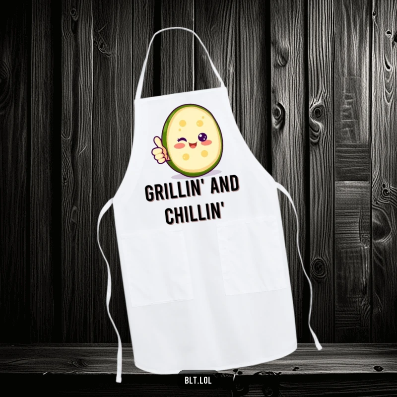 Funny happy pickle slice giving a thumbs up on an apron, perfect for positive cooking and a humorous kitchen gift.