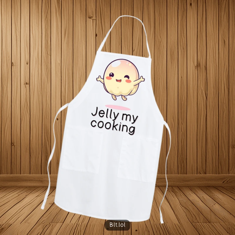 Funny wobbly jelly character bouncing energetically, featured on a stylish apron for a more fun cooking experience.