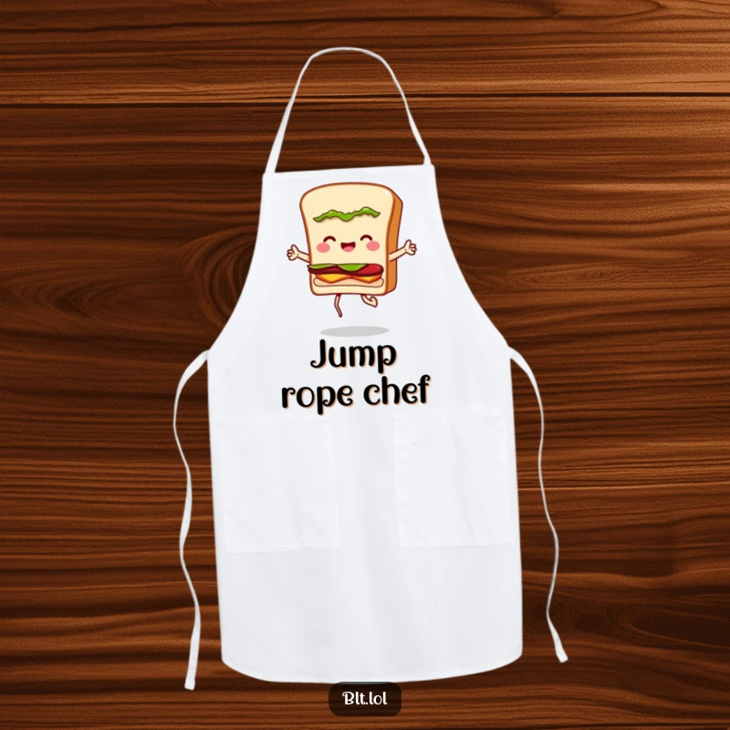 Funny apron with a BLT sandwich character happily jumping rope, perfect for kitchen antics and culinary adventures.