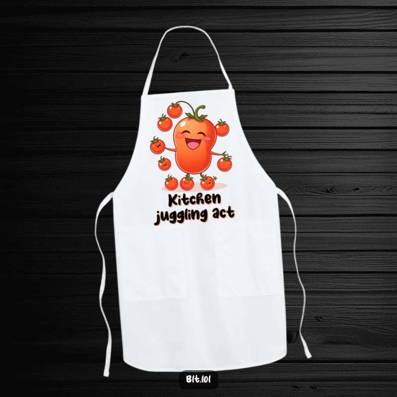 Funny tomato apron showing a laughing tomato juggling tiny tomatoes, ideal for cooking protection with garden humor.