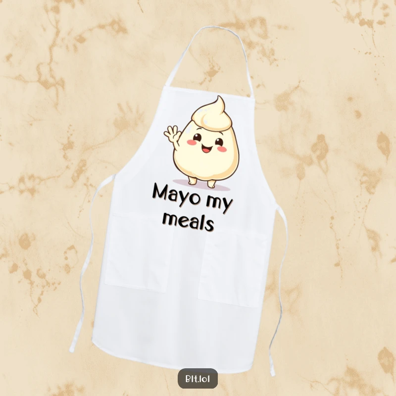 Funny mayonnaise dollop waving hello, featured on a practical apron for a more welcoming cooking experience.