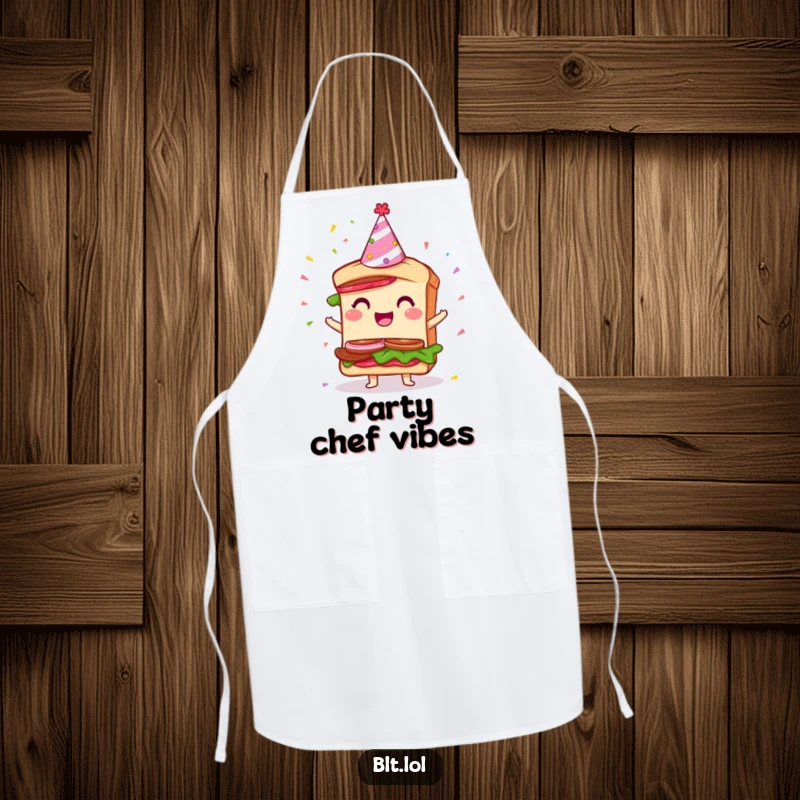 Funny Party BLT Sandwich Apron: A chef's apron featuring a giddy BLT character wearing a party hat amidst falling confetti.