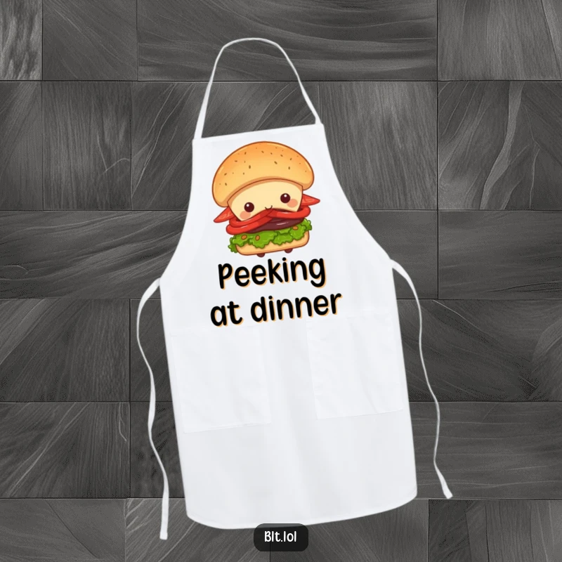 Funny Peek-a-Boo BLT Sandwich Apron, a sandwich character peeking from behind a large bun, kitchen accessory with a playful twist, ideal funny gift.