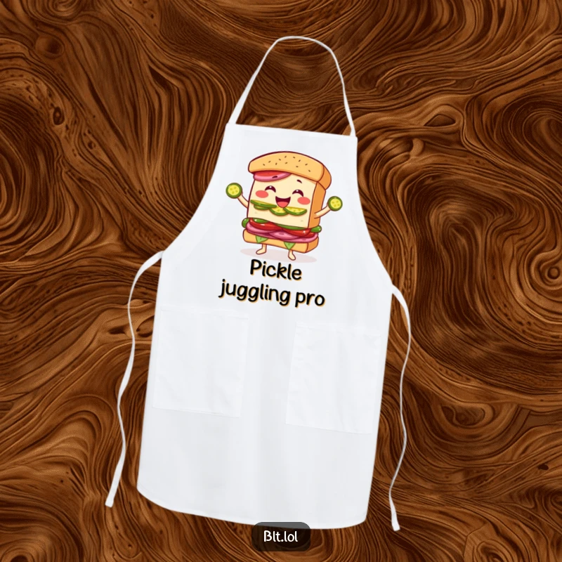 Funny Juggling BLT Sandwich Apron: A chef's apron featuring a BLT character joyfully juggling pickle slices, adding humor to cooking.