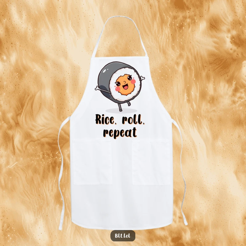 Funny smiling Kawaii sushi roll character doing a cartwheel on a kitchen apron, perfect for culinary fun.