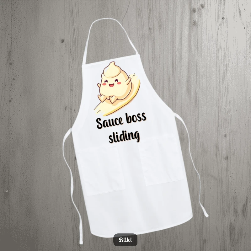 Funny Apron featuring a cheerful mayonnaise blob character sliding downhill happily, a humorous kitchen accessory for cooks.