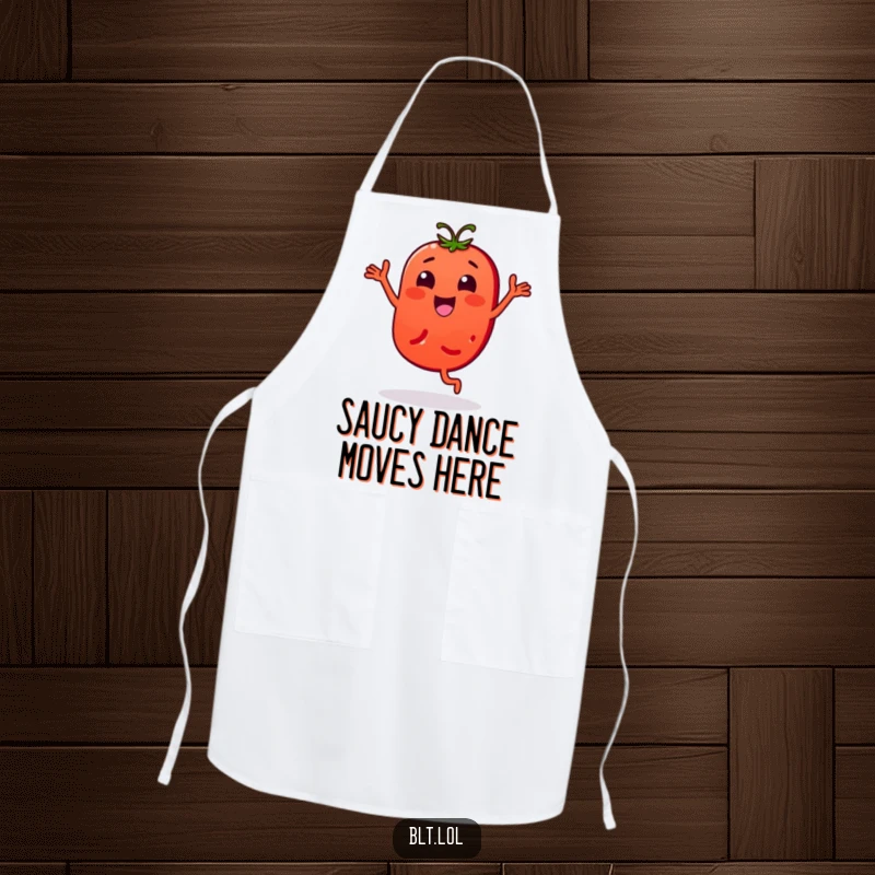 Funny Apron: A tomato slice character doing a bouncy dance while cooking. Great funny gift for chefs.