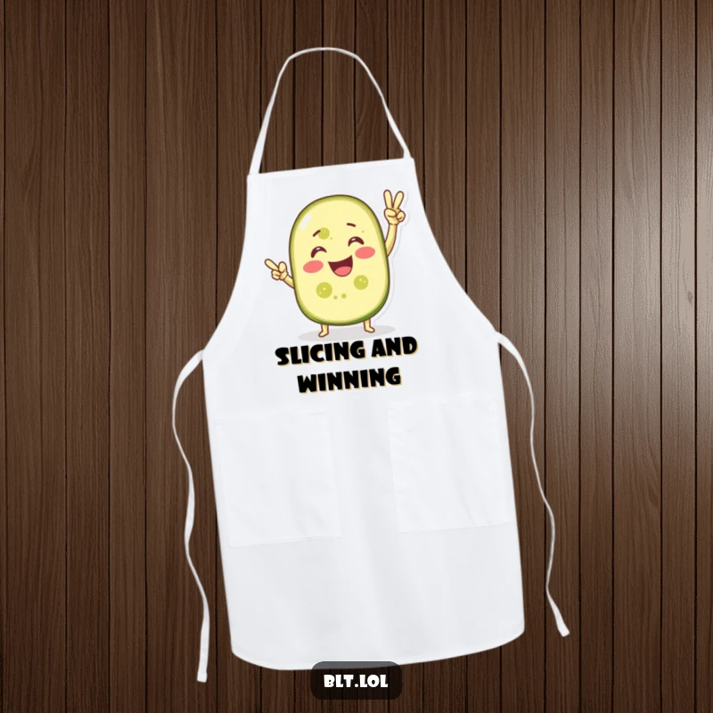 Funny apron with a smiling pickle slice in a victory pose, ideal for protecting clothes during cooking and celebrating wins.