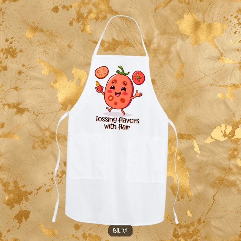 Funny Tomato Juggling Apron: A joyful tomato slice character is juggling pepper slices, adding a humorous and skillful touch to kitchen activities.