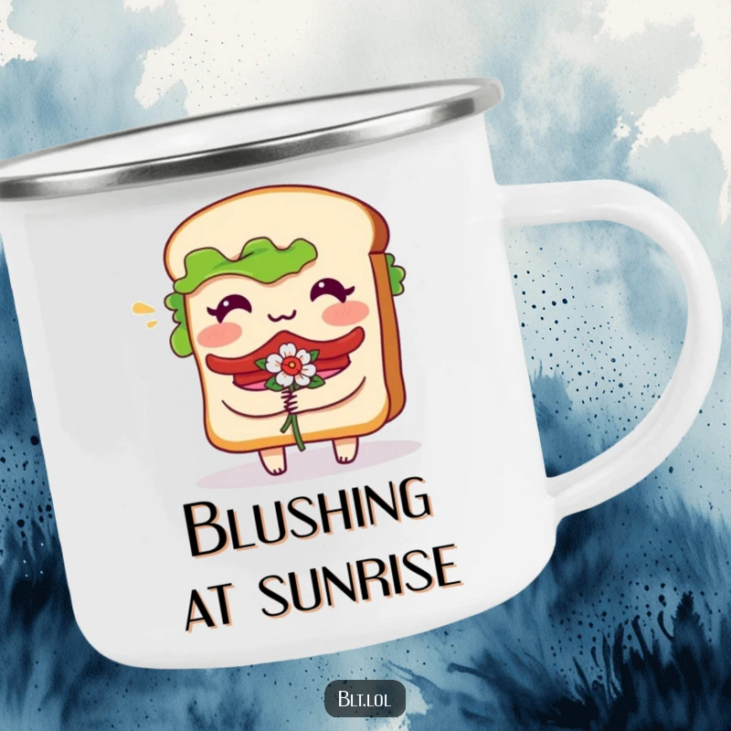 Funny Camping Mug showing a bashful BLT sandwich character blushing and holding flowers, perfect for outdoor use.