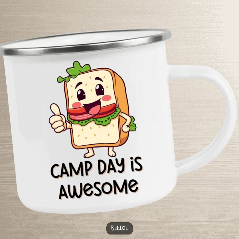 Funny Thumbs Up BLT Sandwich Camping Mug, a sandwich character giving an enthusiastic thumbs up, durable outdoor drinkware, perfect funny gift.