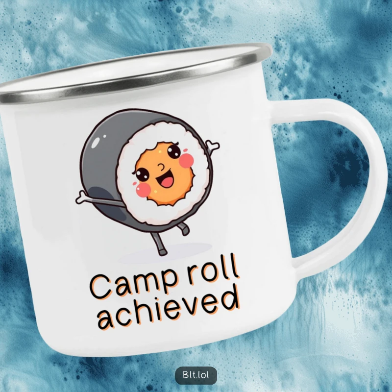 Funny smiling Kawaii sushi roll character doing a cartwheel on an enamel camping mug, for outdoor enthusiasts.