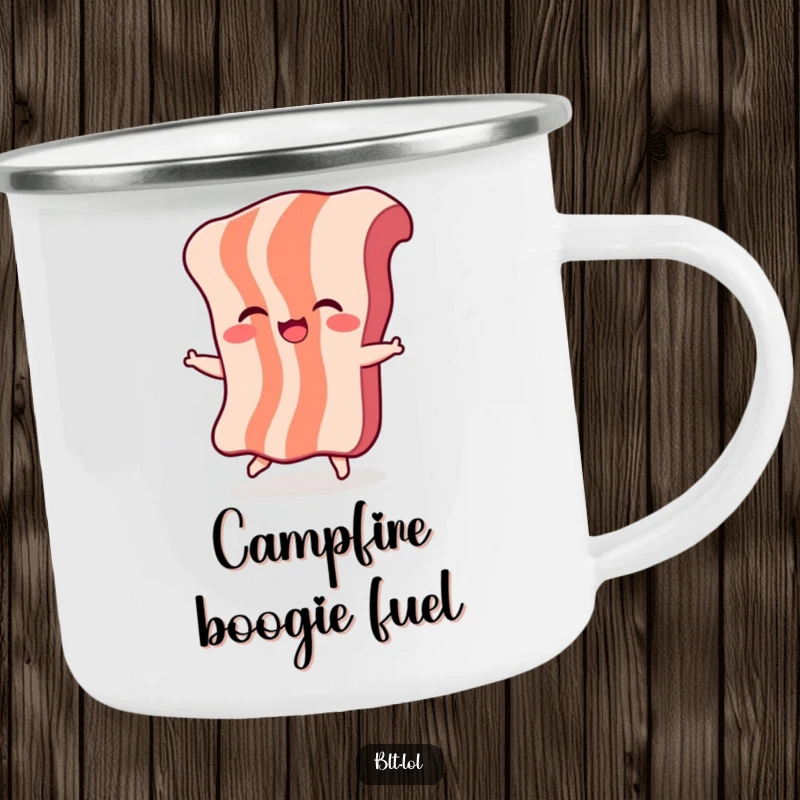 Funny Bacon Dance Camping Mug: A giggling piece of bacon character is dancing, perfect for humorous outdoor beverage enjoyment.