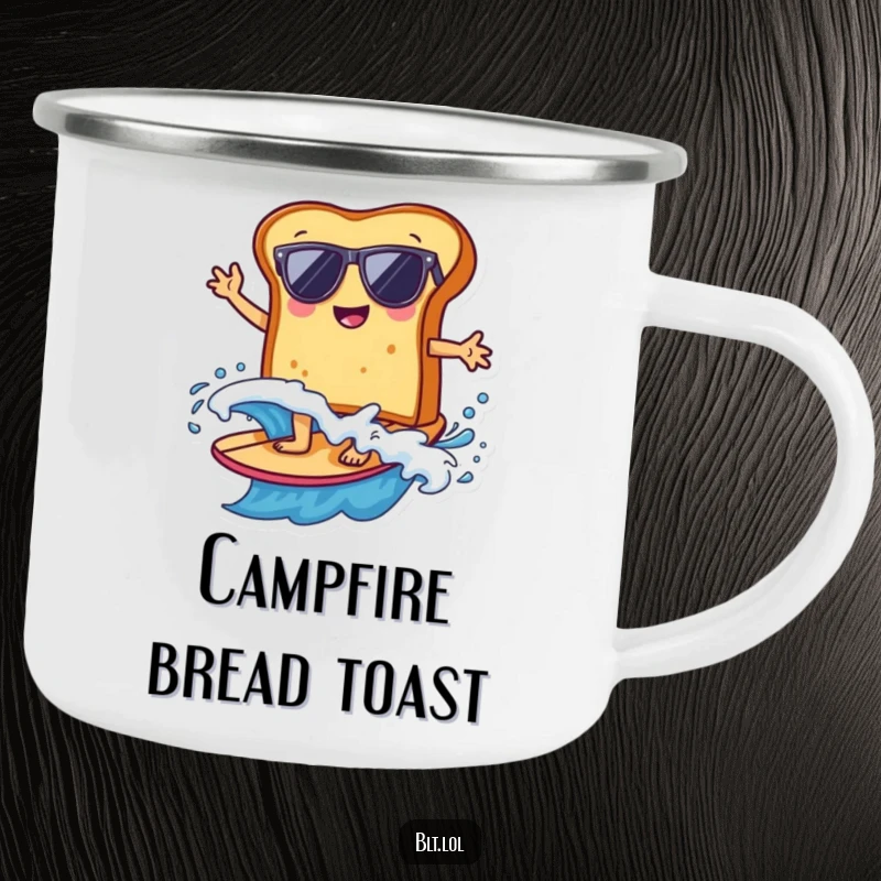 Funny bread slice wearing sunglasses surfing a wave, ready for campfire brews, this durable camping mug adds beach fun.