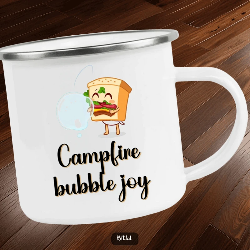 Funny Bubble Blowing BLT Sandwich Camping Mug, a sandwich character blowing a large bubble, durable and fun outdoor drinkware, perfect funny gift.