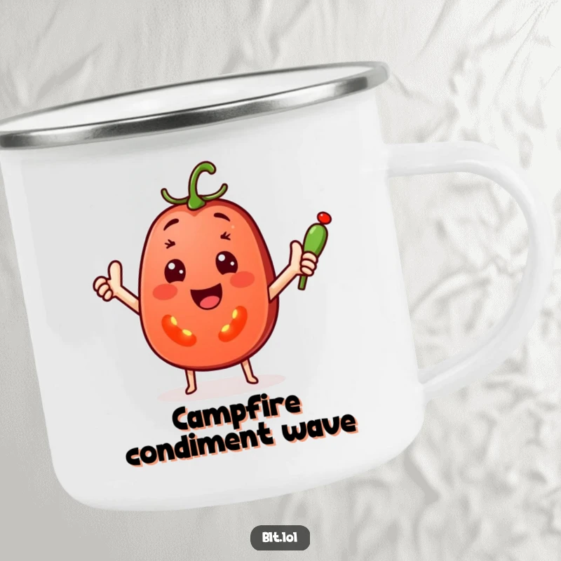 Funny Camping Mug featuring a cheerful tomato slice waving a tiny pickle spear, perfect for outdoor enjoyment with a humorous touch.
