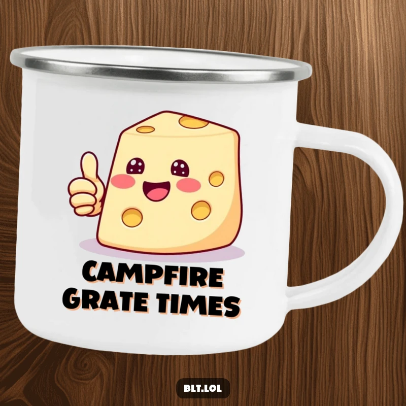 Funny camping mug with a beaming cheese slice giving a thumbs up, ideal for enjoying drinks during outdoor fun.