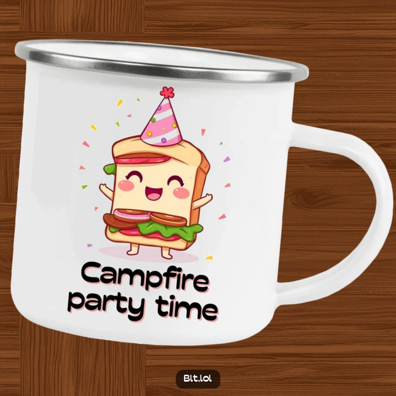 Funny Party BLT Sandwich Camping Mug: A rugged mug featuring a giddy BLT character in a party hat with confetti, ready for outdoor fun.
