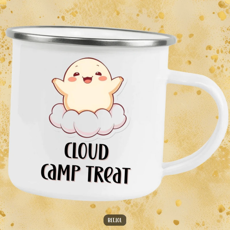 Funny cheerful Kawaii dumpling character bouncing on a cloud on an enamel camping mug, for nature lovers.