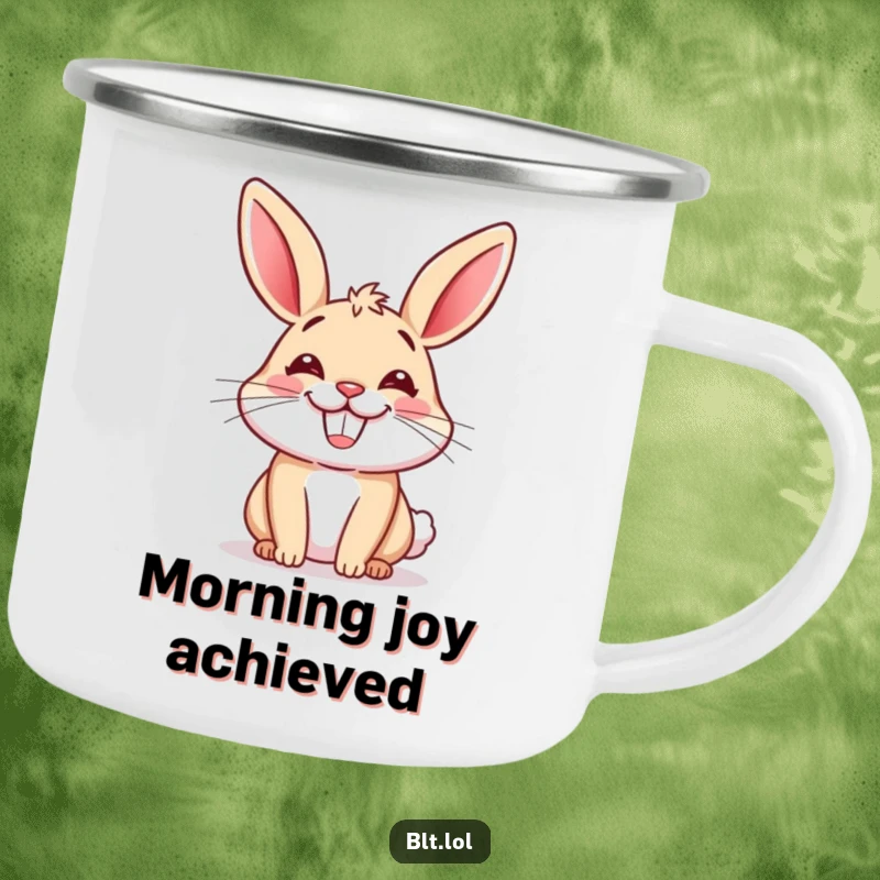 Funny camping mug featuring a happy cartoon bun with a broad grin, ideal for enjoying drinks outdoors with humor.