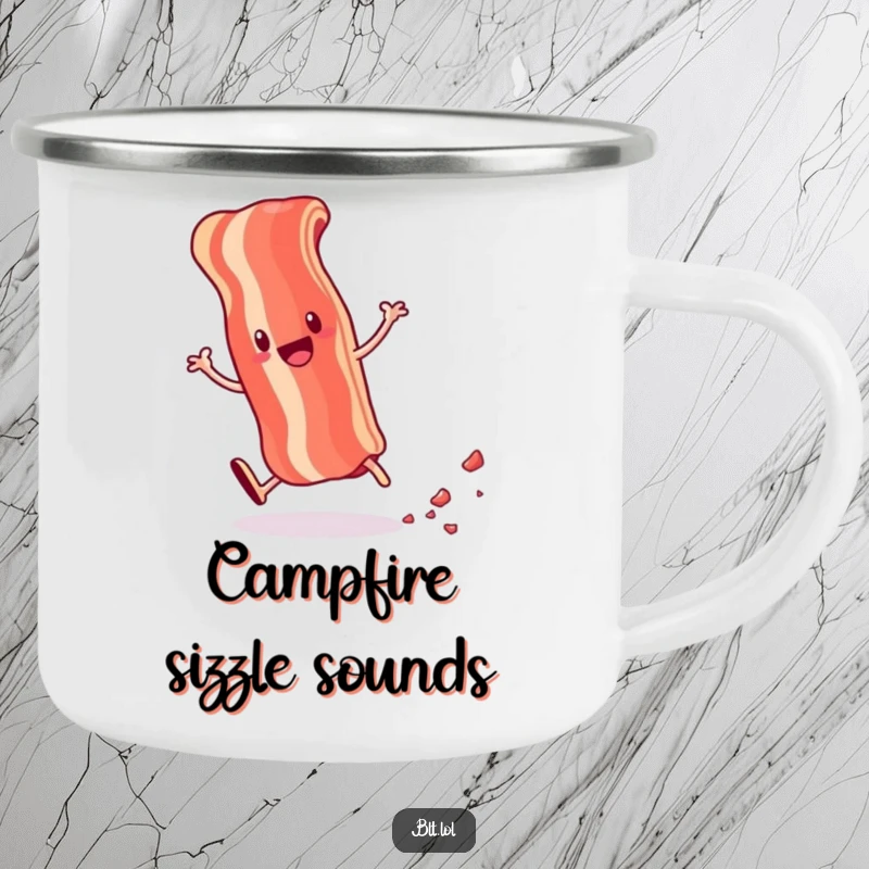 Funny camping mug with an anthropomorphic bacon strip cartwheeling and leaving crumbs, ready for outdoor breakfast fun.
