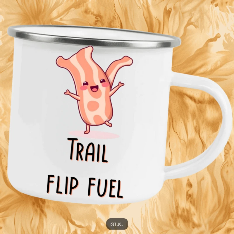 Funny bacon strip camping mug with a cheerful strip doing a cartwheel, durable for outdoor fun and breakfast cheer.