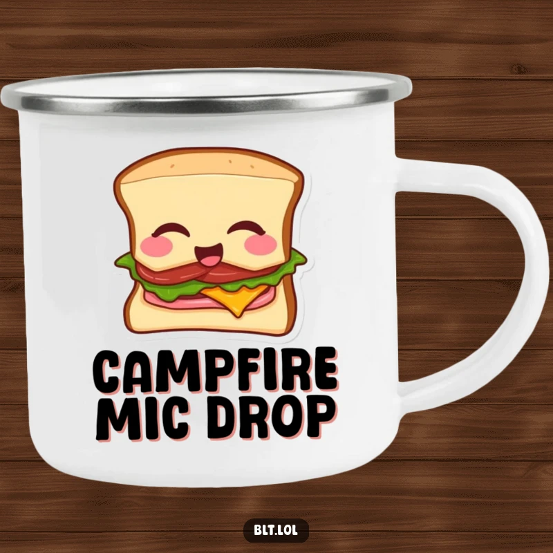 Funny BLT sandwich camping mug with a winking sandwich dropping a mic, durable for outdoor fun and humor.