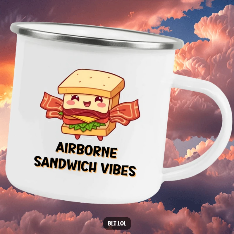 Funny BLT Sandwich Camping Mug: A rugged mug featuring a BLT character attempting flight with bacon wings, ready for outdoor fun.