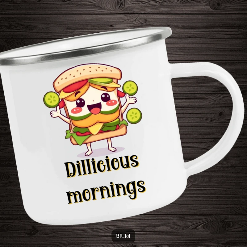 Durable camping mug featuring a funny BLT sandwich character joyfully juggling green pickle slices, designed for outdoor fun.