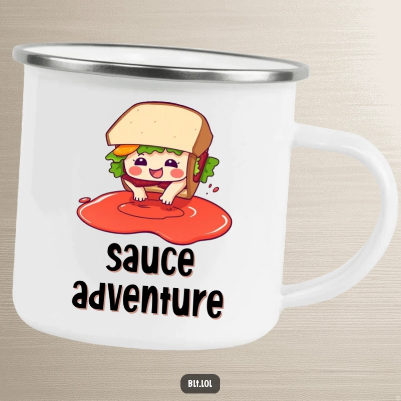 Durable camping mug featuring a funny BLT sandwich character gleefully diving into an imaginary pool of sauce.