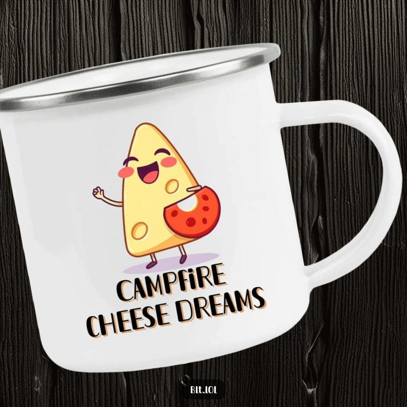 Funny camping mug with a laughing anthropomorphic cheese slice balancing a tiny tomato, ready for outdoor culinary fun.