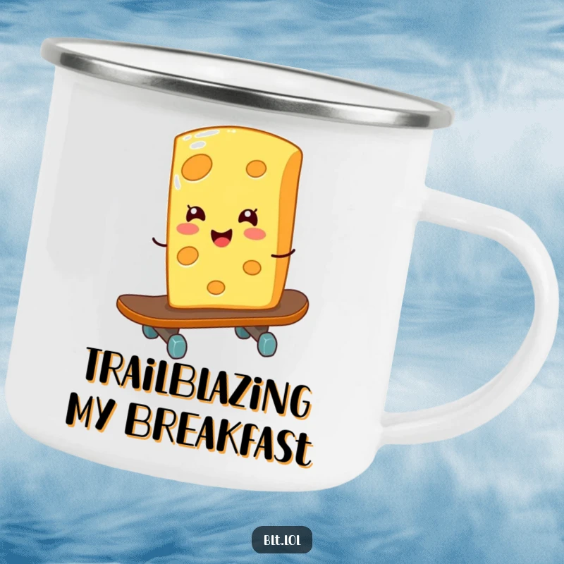 Funny giggling cheese slice on a skateboard on a camping mug, perfect for rad outdoor drinks and a funny gift.